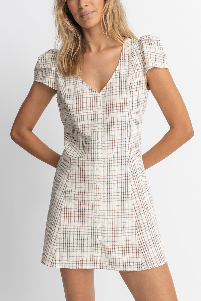 Rumi Check Cap Sleeve Mini Dress Natural