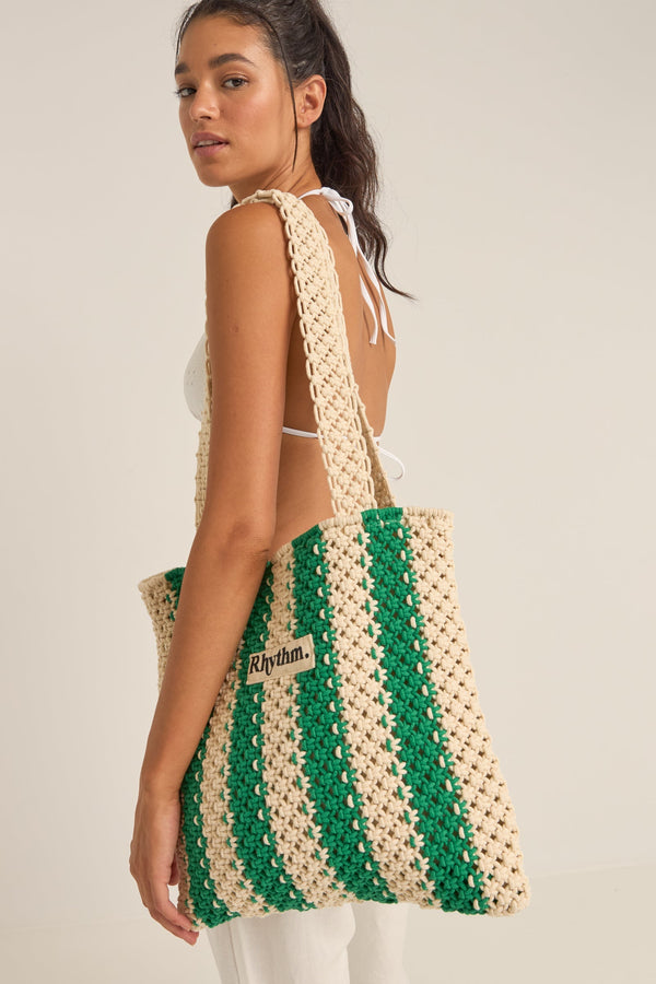 Dinero Stripe Crochet Tote Bag Green